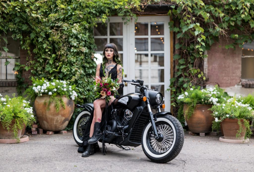 Edgy bridal portrait with motorcycle